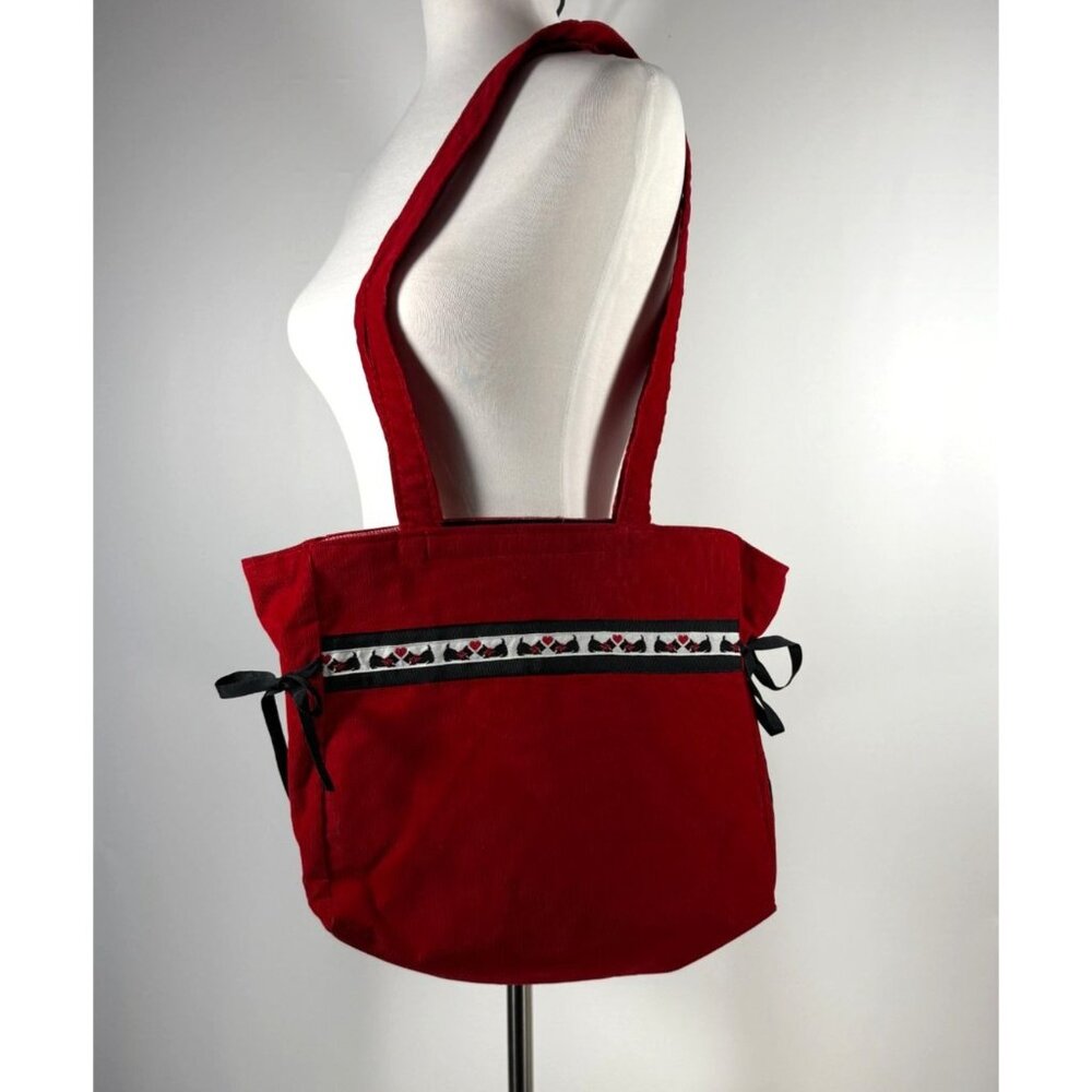 Handmade Red Corduroy Tote‎ Bag Scottie Dogs & Hearts Ribbon Twee Quirky Pets